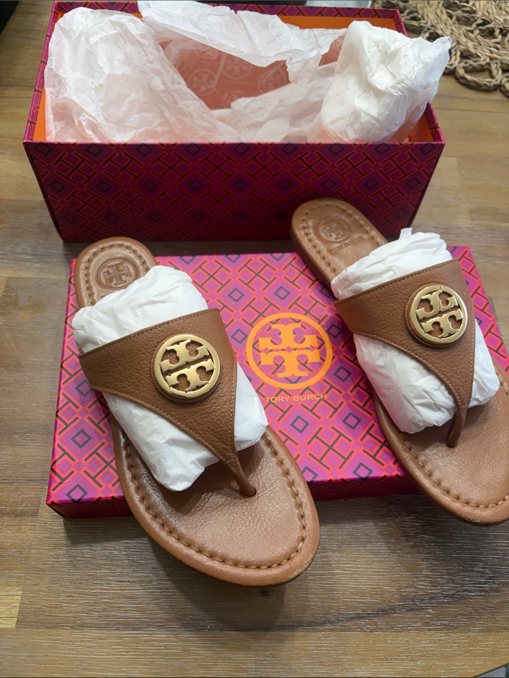 Tory Burch Tan Leather Logo Thong Sandals with Gold Emblem